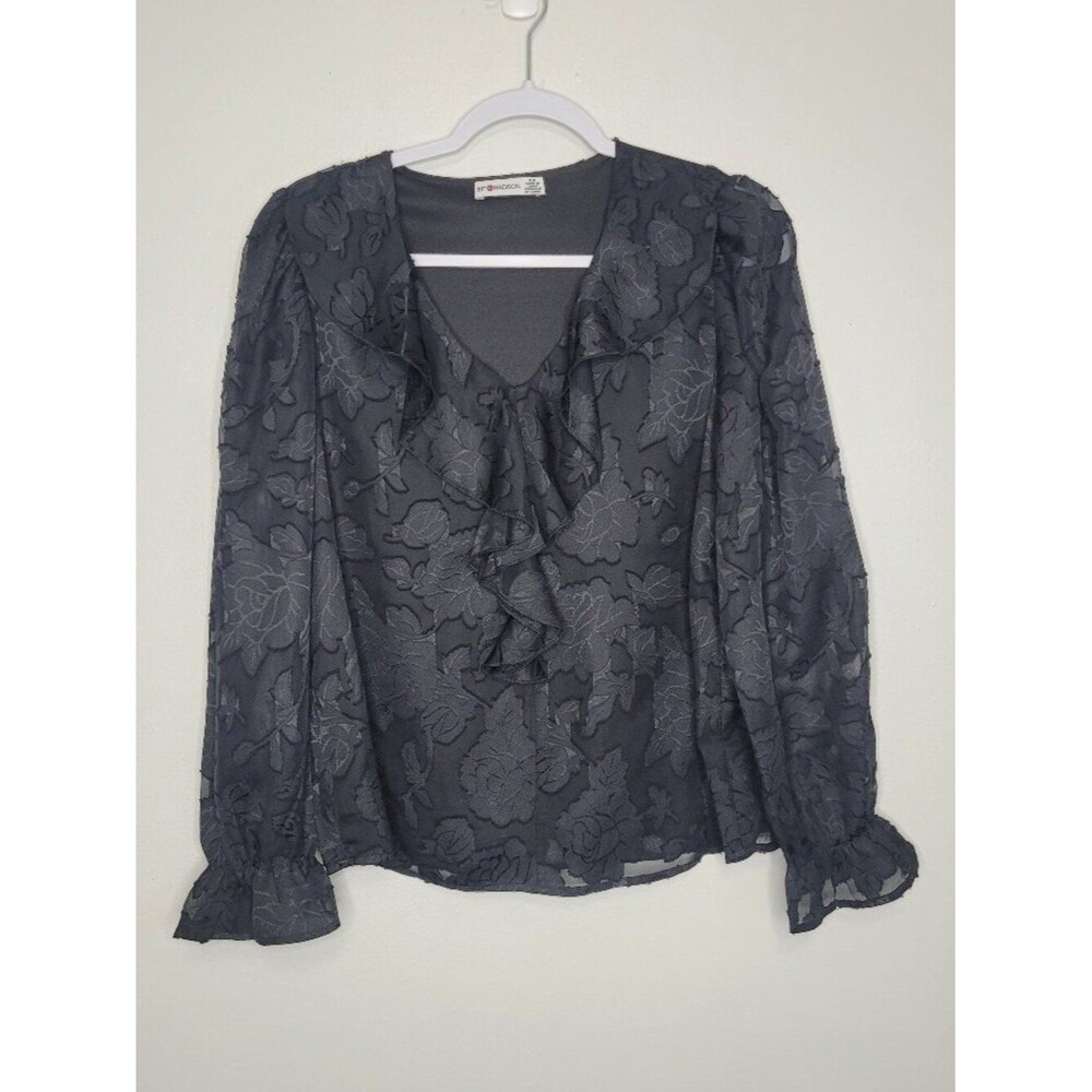 89th and Madison black textured long sleeve ruffle cute casual top size small